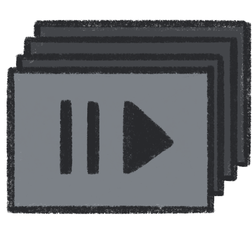 a grey rectangle with a pause and play button in the centre behind it are darker grey rectangles repeating backwards.